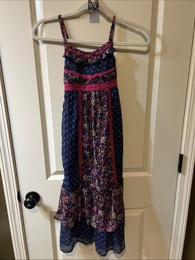 Justice Girls Navy Blue Floral Maxi Dress with Pink Trim H072